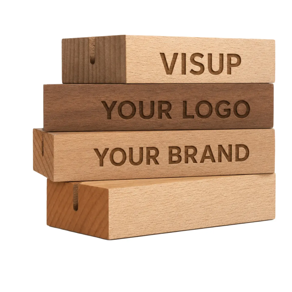 Stacked VISUP display bases showing custom laser engraving examples